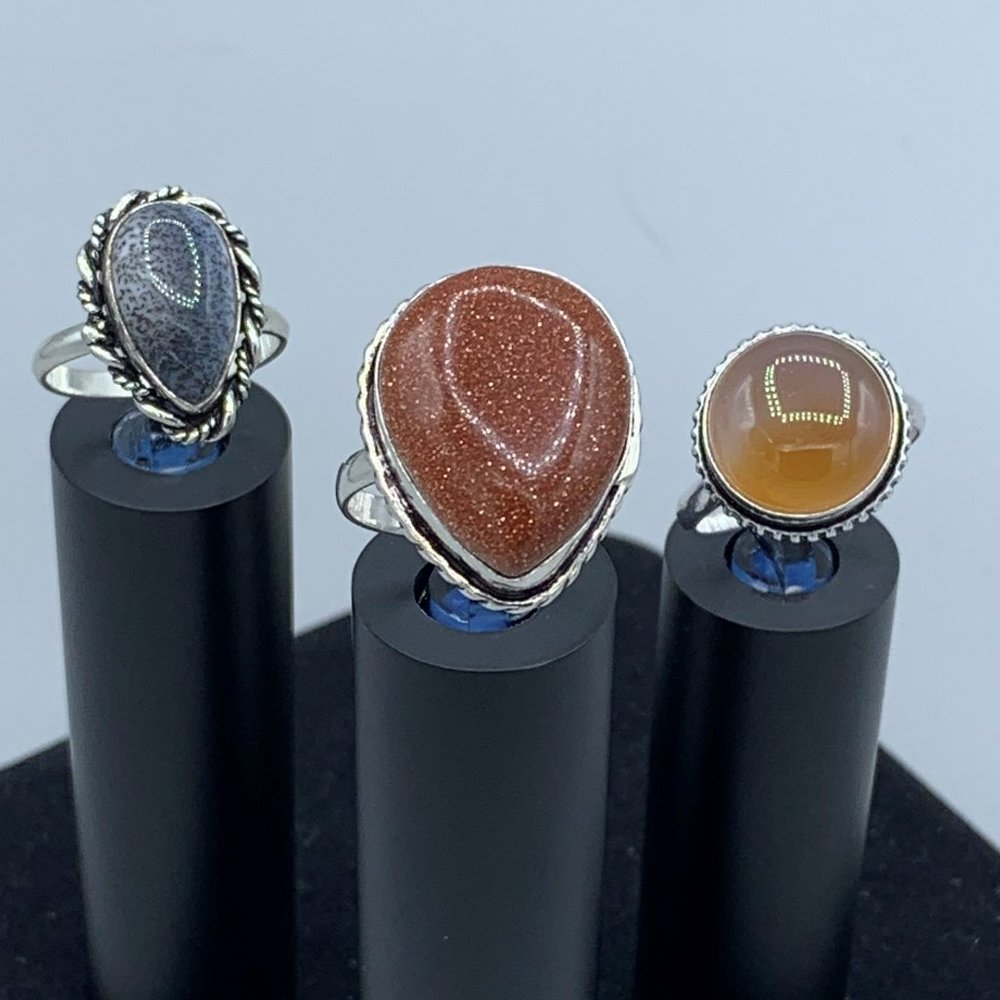 Set Of 3 Silver Toned Rings With Orange & Grey Stones
